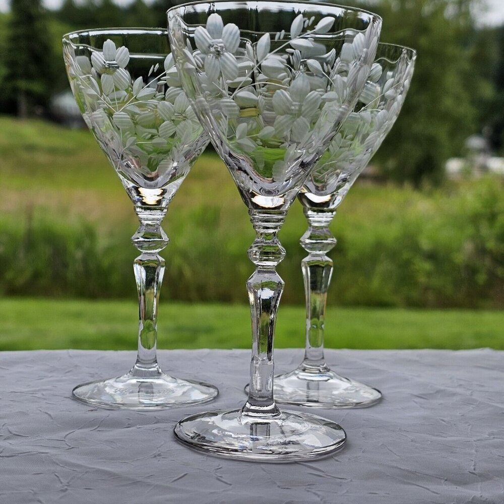 Rock Sharpe Optic Floral Cocktail Glasses 5.25" set/3 gray wheel cut 2011-15 - Picture 2 of 11